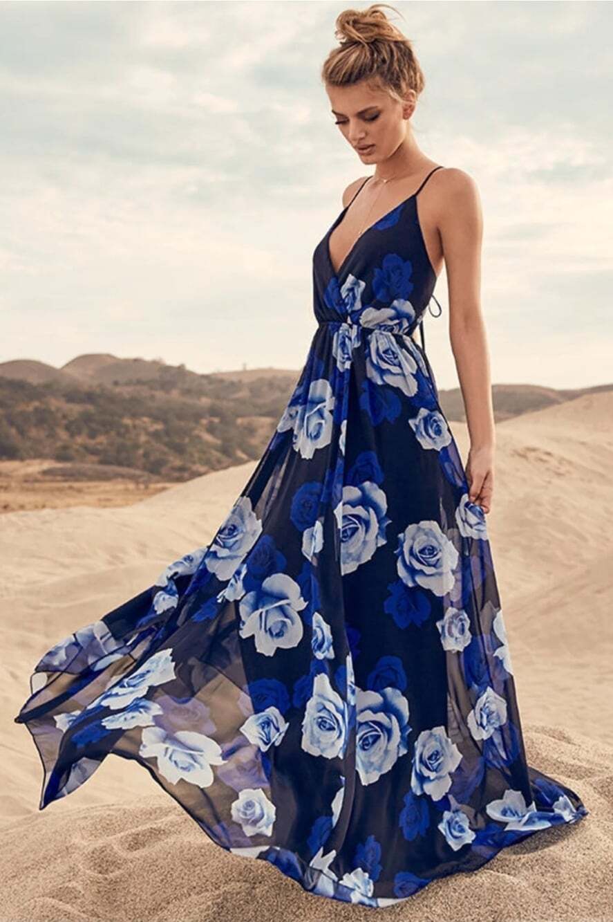 Lulus Chiffon Maxi Dress Small Only in Dreams Navy Blue Floral Lace-Up Back Glam